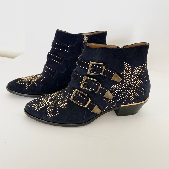 Chloe Susanna Ankle Boots Studded Suede Black Gold Size 10 - Picture 2 of 5